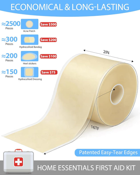 KOCCQUE Face(2in 16ft) Hydrocolloid Bandages Roll for Wound Care: Medical Grade Tape Patch with Self-Adhesive