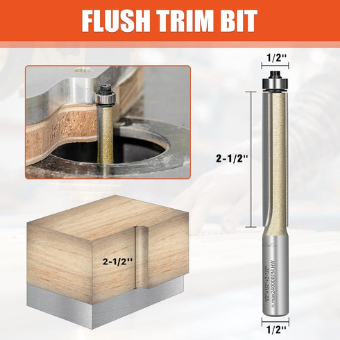 1/2" 1/2" 2-1/2" EASEWORK TOOL Shank Flush Trim Router Bit, Professional Carbide Tipped Extra Long, Dia x Cutting Depth