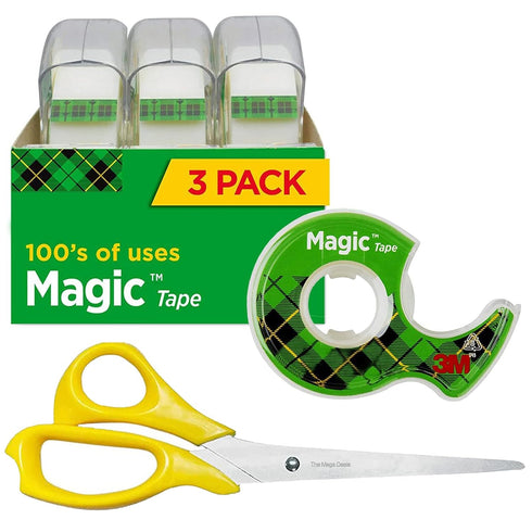 Magic Tape 3 Packs Clear Tape, Invisible Tape 1/2 x 450 Inches, with Dispensers and 8 Inch All Purpose Scissors