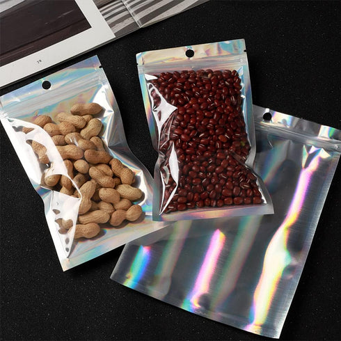 100 Pack Resealable Holographic Bags for Small Business - Iridescent Mylar Bags with Clear Front, 4 X 6 inches