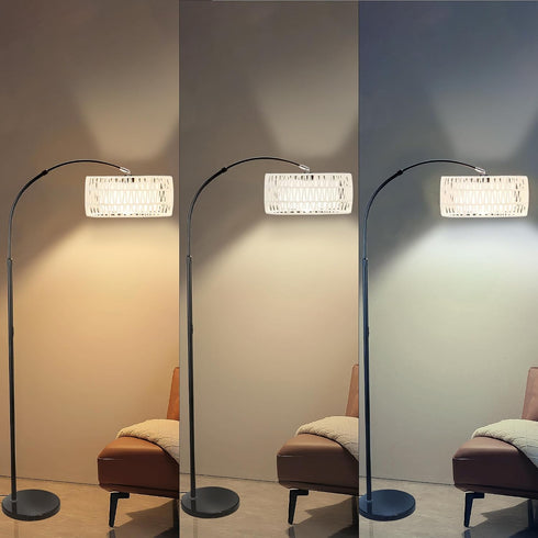 Feijidengshi 3 Dimmable Bulb,Farmhouse Arc Floor Lamp for Living Room,Stylish Rattan Boho Floor Lamp with Color