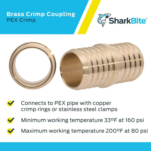 SharkBite UC0135 1-1/4 Inch Crimp Coupling, Brass Plumbing Fitting for PEX Pipe