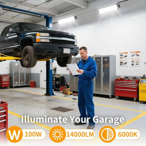 100W 14000LM 6000K 6FT IP66 YQNLIFA LED Shop Lights, Plug in Garage Light with Power Cord, Waterproof Work Light