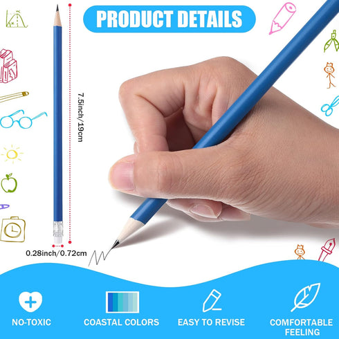 CHENGU 36 Pack Coastal Blue Pencils with Eraser, Cute Erasable Checking Wooden Pencils for Teens Adults