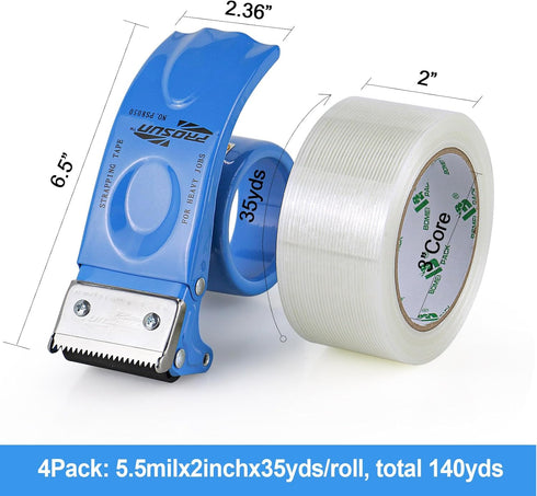 BOMEI PACK Strapping Tape 2 Inch with Dispenser, Heavy Duty Fiberglass Reinforced Packing Tape for Moving and Shipping