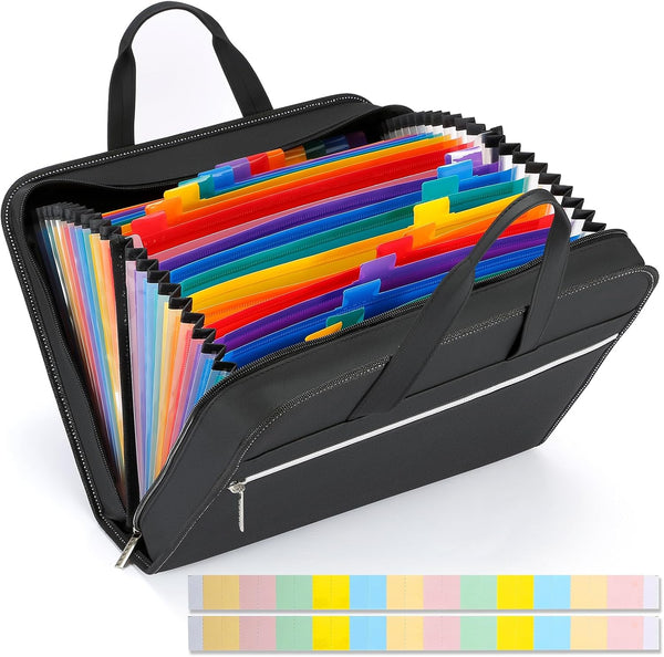PU Leather Accordion File Organizer - 26 Pockets, Expanding File Folder with Handle, Black