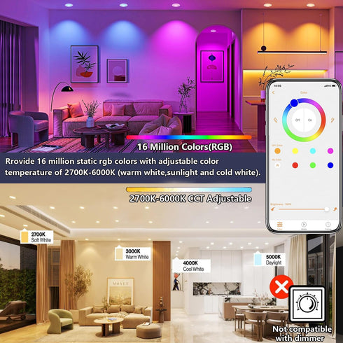 6 Inch 16W Dimmable 2700K-6000K 1350LM Box,16 23 1 Pack LED Recessed Light RGBCW Recessed Ceiling Lights by Alexa