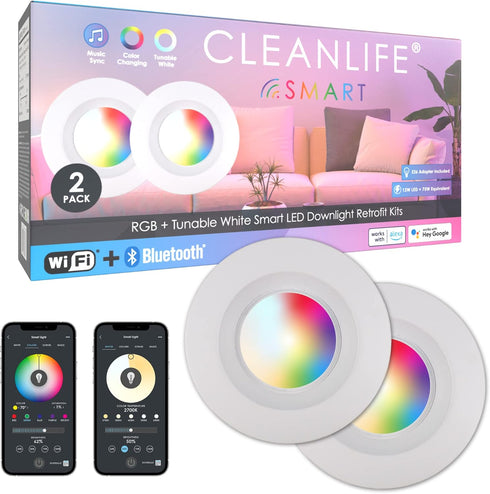 CLEANLIFE 2-Pack Smart LED Recessed Lighting Retrofit Downlight RGB + Tunable White