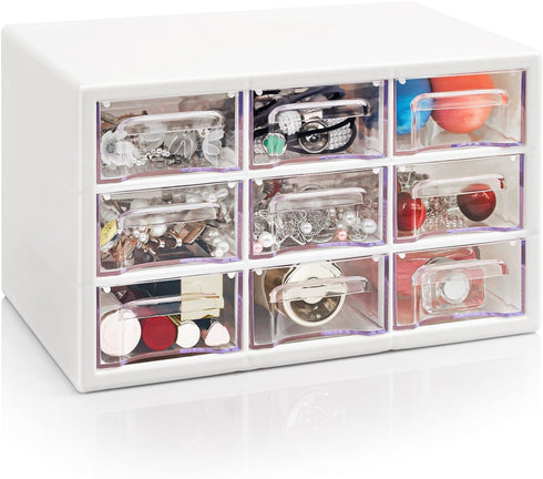 FODIENS Desk Storage Organizer with 9 Drawers, Stackable Craft Drawer Cabinet, Clear Box Caddy for Makeup Jewelry Office