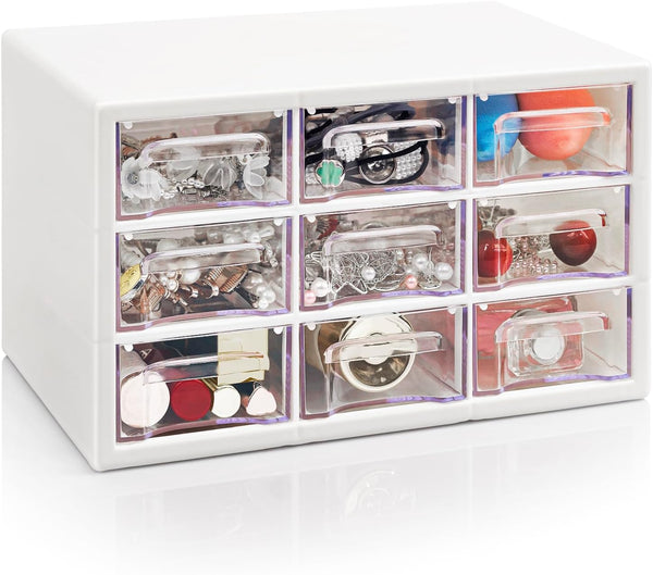 FODIENS Desk Storage Organizer with 9 Drawers, Stackable Craft Drawer Cabinet, Clear Box Caddy for Makeup Jewelry Office