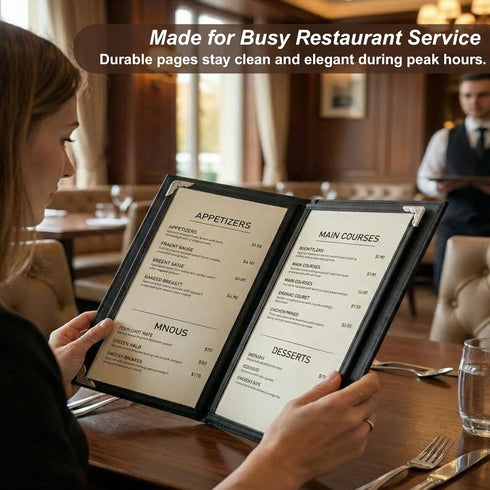 8.5 11, 2 Pack 4 8 Restaurant Menu Covers x Menu Holder Faux Leather Menu Book with Clear PVC Sleeves, Page View