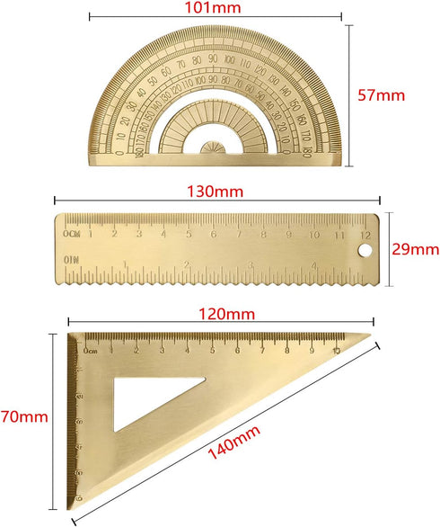 Golden Brass Triangle Ruler Set, Vintage 12cm Straight Ruler Protractor, Math Geometry Education Tool for Students and