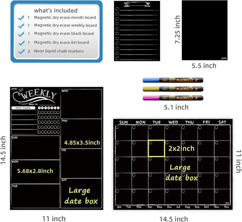 Magnetic Chalkboard Monthly Calendar, Weekly Planner Blackboard Combo Set with Neon Liquid Chalk Markers, Bonus Grocery