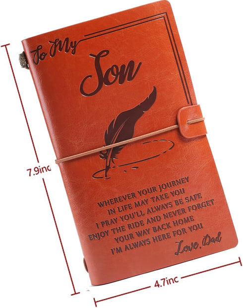 Leather Journal Personalized Carved Notebook for Dad, Handmade Birthday Gift to Son with Storage Bag and Sketch Book