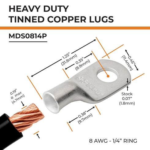 SELTERM 25pcs 8 AWG 1/4" Stud Marine Grade Tinned Copper Battery Cable Lugs, 8 Gauge Ring Terminals, UL Wire Lugs
