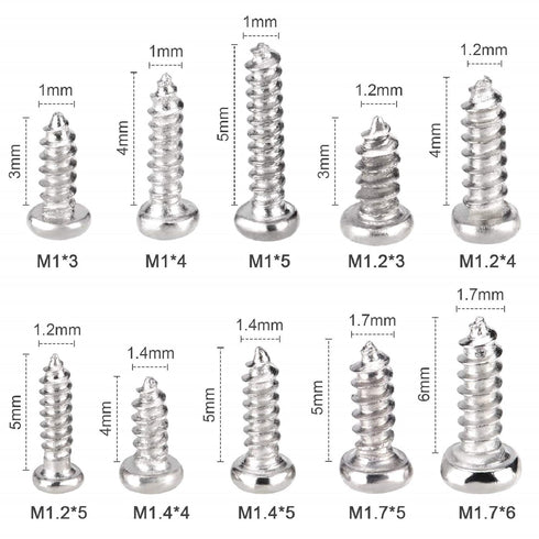 1000Pcs Mini Screw Kit, M1 M1.2 M1.4 M1.7 Phillips Pan Head Micro Screws, Self-Tapping, Nickel-Plated