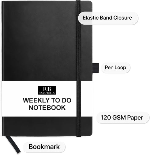 RICCO BELLO Undated Weekly Planner, To Do Notebook, Faux Leather Hardcover, 5.7 x 8.4 Inches, Black
