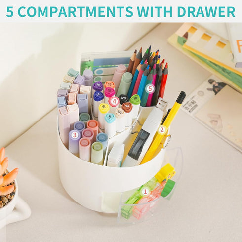 Desk Pen Pencil Holder with Drawer, 4 Slots 360-Degree Rotating Organizer, White Storage Caddy for Office School Home