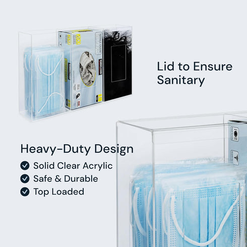 Triple Hygiene Dispenser Station with Lid - Multifunctional Tabletop or Wall Glove Holder with 3 Compartments