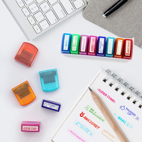 Reliancer 8PCS Teacher Stamp Set, Colorful Self-Inking Motivation Stamps for Classroom Homework Rating with Storage Tray