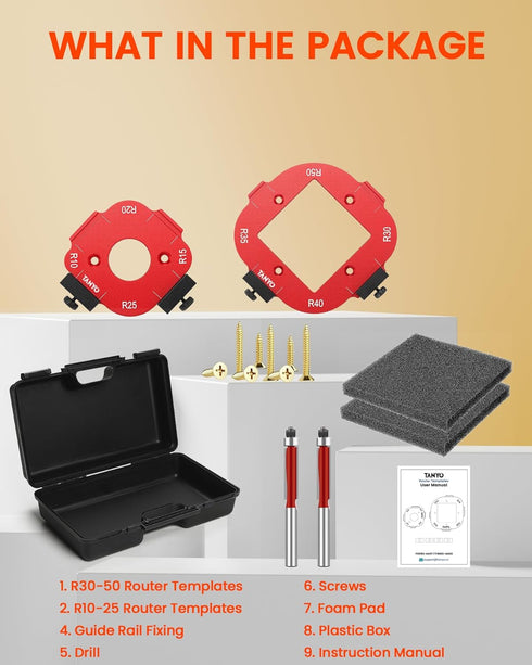 8 R10/R15/R20/R25/ R30/R35/R40/R50 TANYO Router Corner Radius Template, Plastic Box Router Jig with Radius, Aluminum
