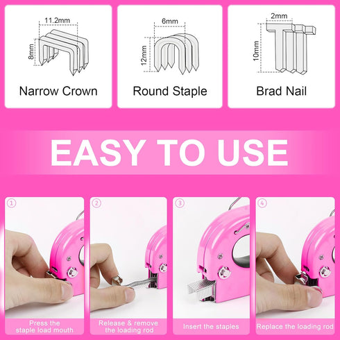 THINKOWRK 3 in 1 Light Pink Staple Gun - Home Use Upholstery with 900 Staples, Nail Gun for Wood, Fabric, DIY Repair