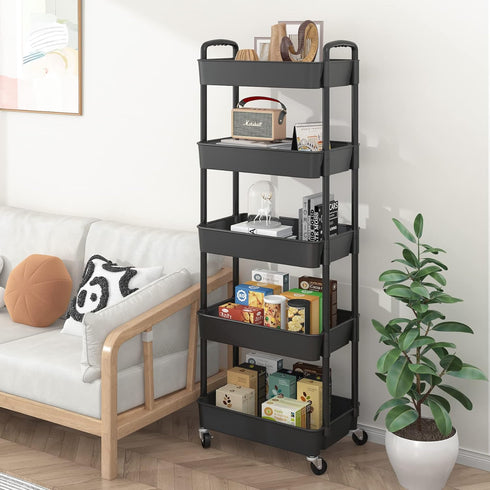 Sywhitta 5-Tier Plastic Rolling Utility Cart with Handle, Multi-Functional Storage Trolley for Office, Living Room,