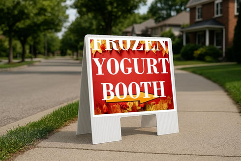 Frozen Yogurt Booth Autumn Frame Colorful Maple Leaves On Red Background Directional