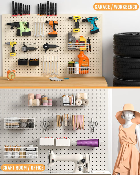 4 Pack Set, 4 INCLY Pegboard Baskets Bins Size Square Style Metal White Wire Basket for Any Peg Board Organizing Tools