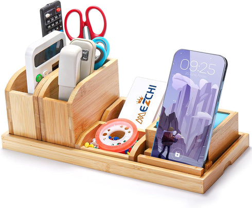 Bamboo Desk Organizer Tray, 7 Pieces Adjustable Office Supplies Caddy, Small Desktop Organizer Pen Holder for Home