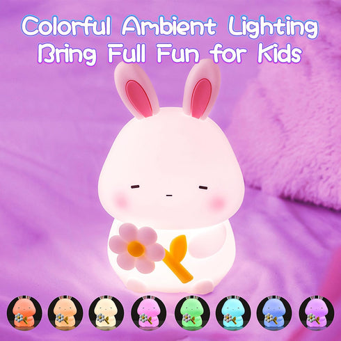 7 3 Dimmable 1200mAh Cute Bunny Night Light for Kids, Colors Squishy Silicone Touch Lamps, Level Rabbit Nursery