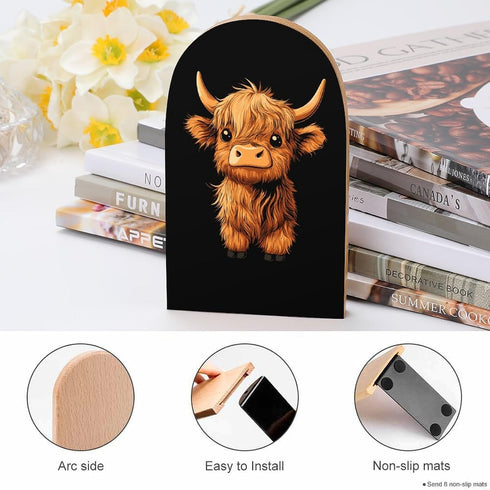 Generic 5 3.1 3.9 Inches Cartoon Highland Cow Wood Book Ends Holder Stand Cute Desk Decor Bookends