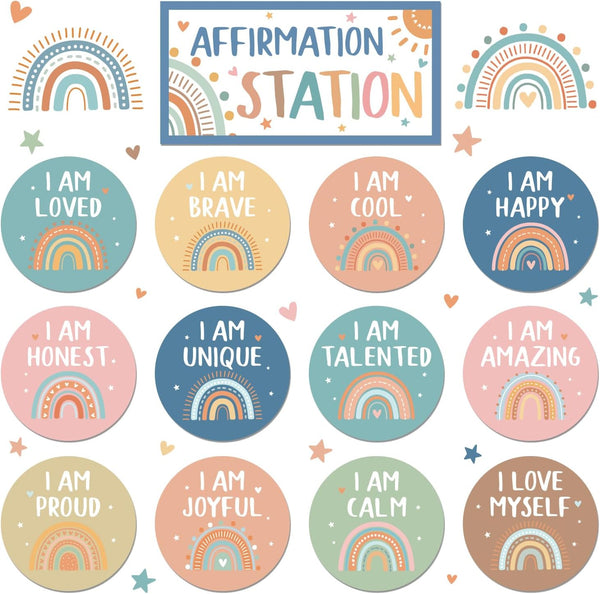 Boho Affirmation Station Bulletin Board Set, Rainbow Classroom Decor with Positive Mirror Growth Mindset Posters