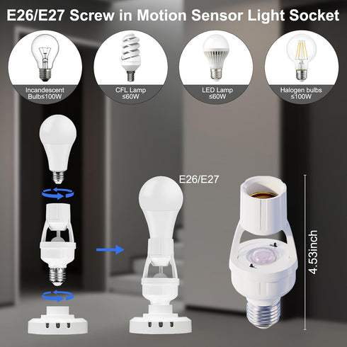 E26/E27 Screw in Motion Sensor Light Socket, Socket Adapter with Dusk to Dawn & Motion Detection, Auto On/Off Smart