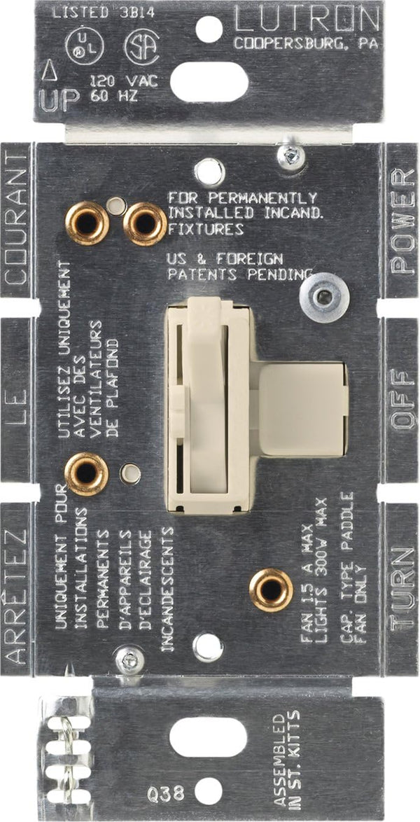 Lutron Toggler Quiet 3-Speed Slide-To-Off Fan Control, 1.5-Amp, Single-Pole/3-Way, AYFSQ-F-LA, Light Almond