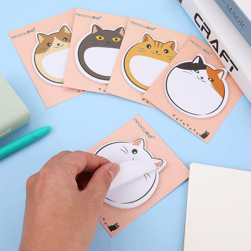 Cobee Cute Cat Sticky Notes, 5 Pack Kawaii Animal Self-Stick Notes, Cartoon Cat Memo Pads, Cute Shapes for Students