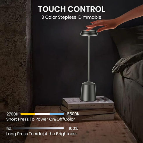 Set 2, 5000mAh 3 Dimming Aluminum LED Cordless Table Lamps of Portable Rechargeable Battery Operated Black Table Light