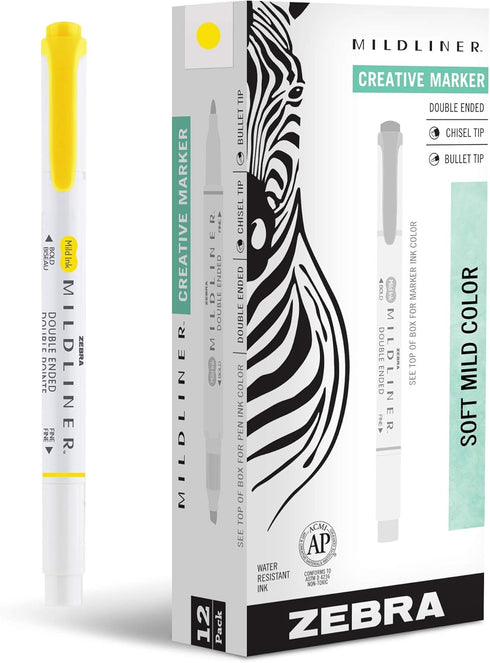 Zebra Pen Mildliner Double-Ended Highlighter Marker Set, 12-Pack, No Bleed Mild Lemon Yellow Ink, Broad & Fine Tips