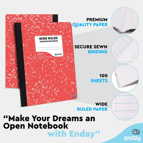 Enday Composition Notebooks - Wide Ruled Paper, Colored Marble Covers, 100 Sheets (200 pages), Marble Notebooks