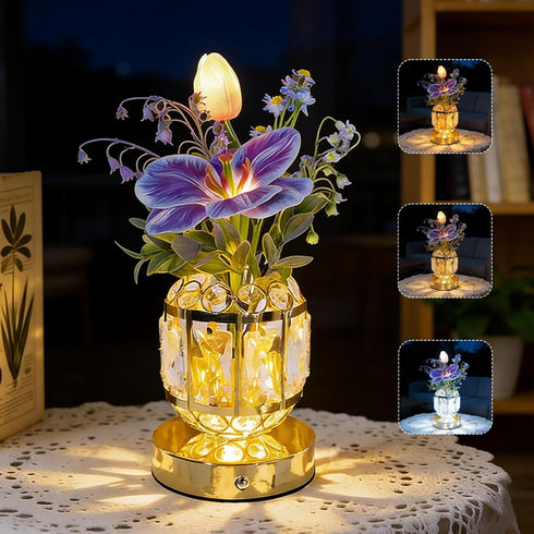 BVI BOOMERVIVI Flower Crystal Table Lamp, 3-Color Dimmable Small Night Light, Rechargeable Cordless Touch