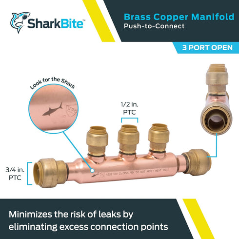 SharkBite 3/4 Inch x 1/2 Inch Outlet Multi-Port Tee, Push to Connect Brass Plumbing Fittings