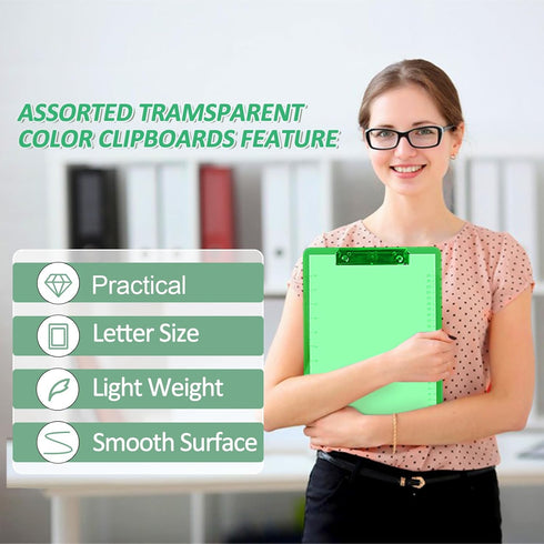 PANDRI 24 Pack Plastic Clipboards, Clear Colored Low Profile Clip Board 12.5 x 9 Inch for Office & Classroom