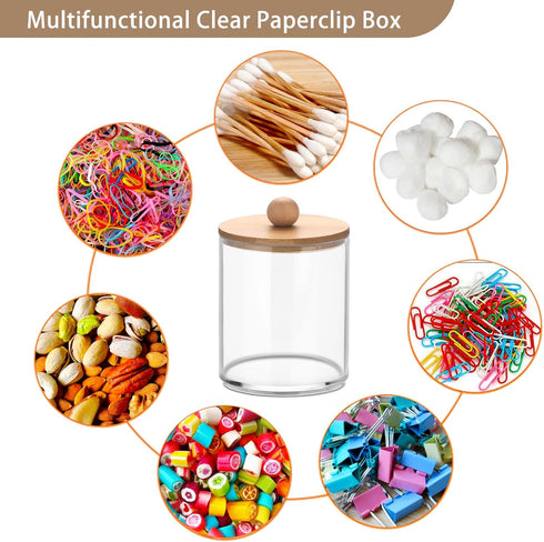 BTSKY 4 Pack PaperClip Holders with Bamboo Lid, Round Binder Holder for Desk, Clear Paper Clip Dispenser