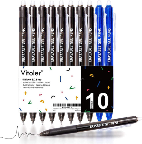 Vitoler Erasable Pens, Black & Blue Gel Pens, 0.7mm Fine Point, Retractable Writing Pens for School Supplies