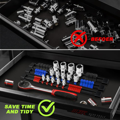Uopyeri 3-Piece Set, 1/4", 3/8", 1/2" 43 Toolbox Socket Organizer Rail Heavy Duty Socket Holder for Drive, Clips Spring