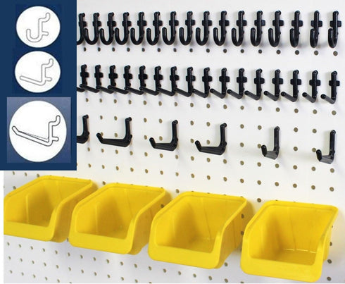 WallPeg Pegboard Bin & Peg Hook Assortment Set, 4 Yellow Bins with J, L, and Jumbo Style Hooks for Organizing