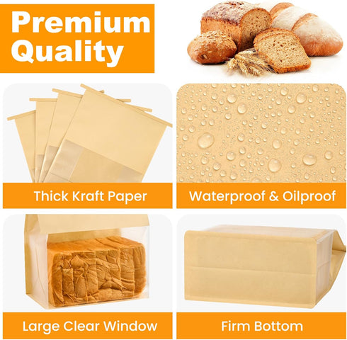 Ocmoiy 100 Pack 8.7x4.3x11 Inches Packaging Bread Bags for Homemade Breads, Resealable Tin Tie Tab Lock Large Bakery