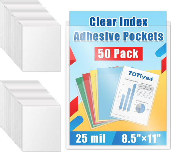 TOTiyea 50-Pack Clear Adhesive Pockets, Letter Size 8.5 x 11 Self-Stick Sheet