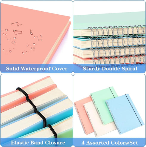 Spiral Notebook, College Ruled, 4 Pack Large B5 Lined Notebooks, 8" x 10", 560 Thick Paper, 24pcs Index Tabs, Pastel