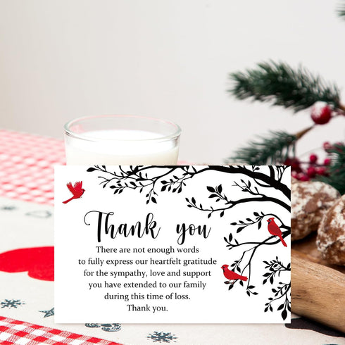 50Pcs FYSUIMU Funeral Thank You Card Cardinal Bird Branch Sympathy Boxed Thank You Card with Sticker Envelope